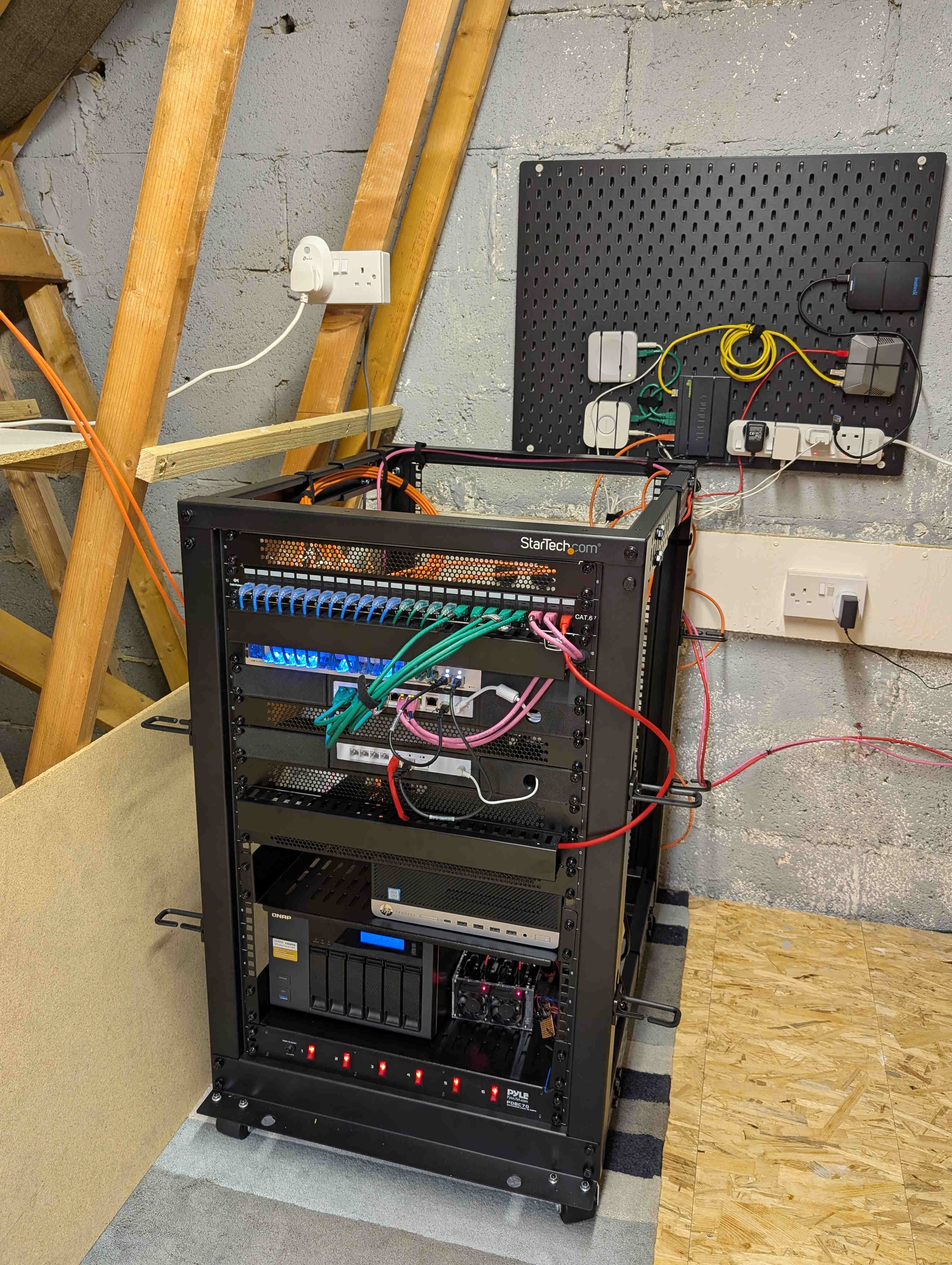 18U rack containing the UDM, switches, NAS, and servers