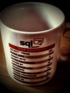 Shows a sql prompt cheat sheet mug